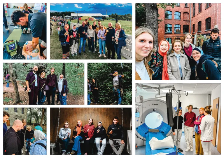Collage mit mehreren Fotografien: Ärztinnen und Ärzte in Praxisumgebung, Gespräche und medizinisches Ausstattungspersonal — Eindruck von Hausarzt-Famulatur im Alltag